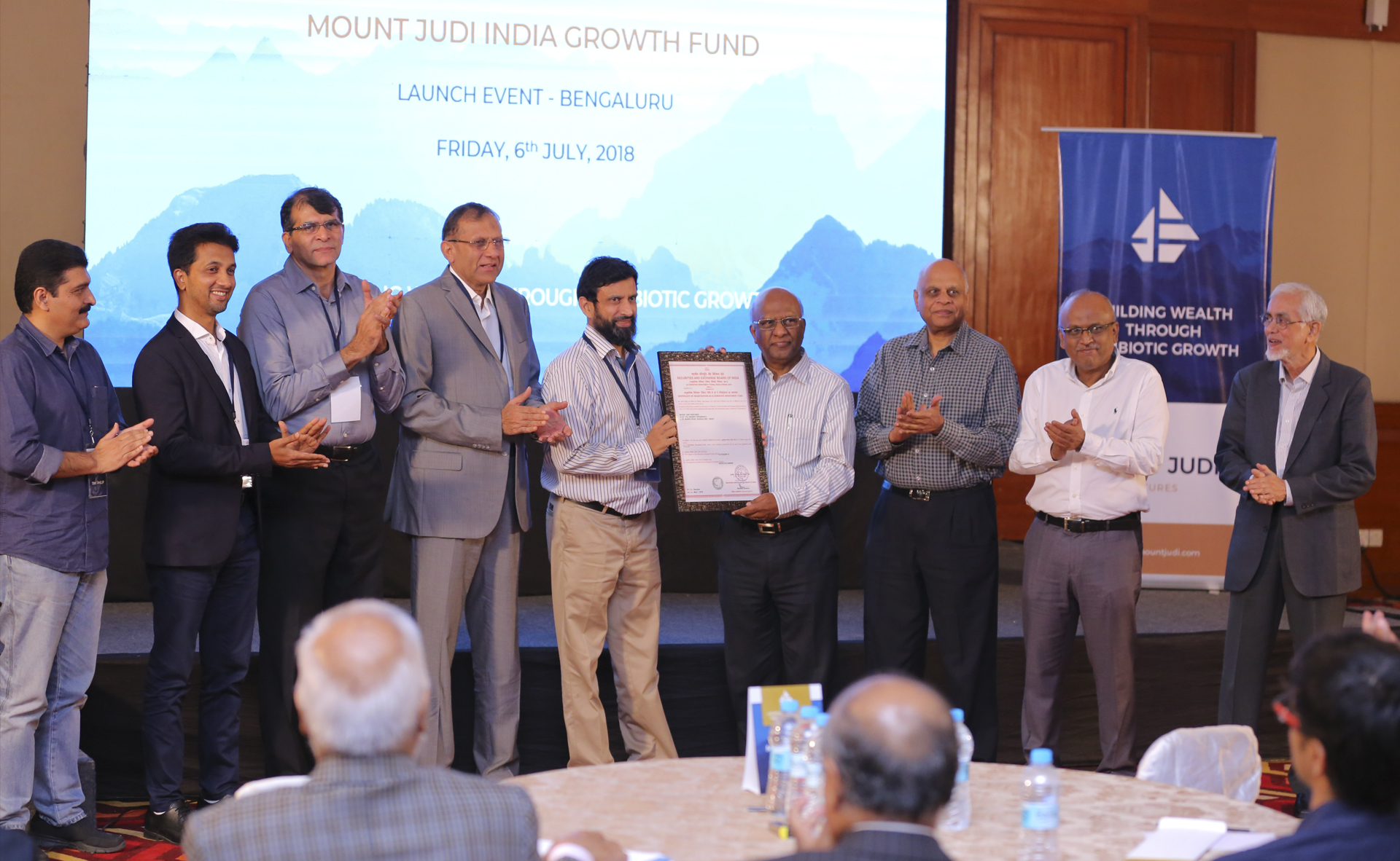 Dr. Sridhar Mitta, Mr. V. Namasivayam and Mr. Mustafa Wajid inaugurating Mount Judi India Growth Fund by handing over SEBI license to General Partners of Mount Judi Ventures